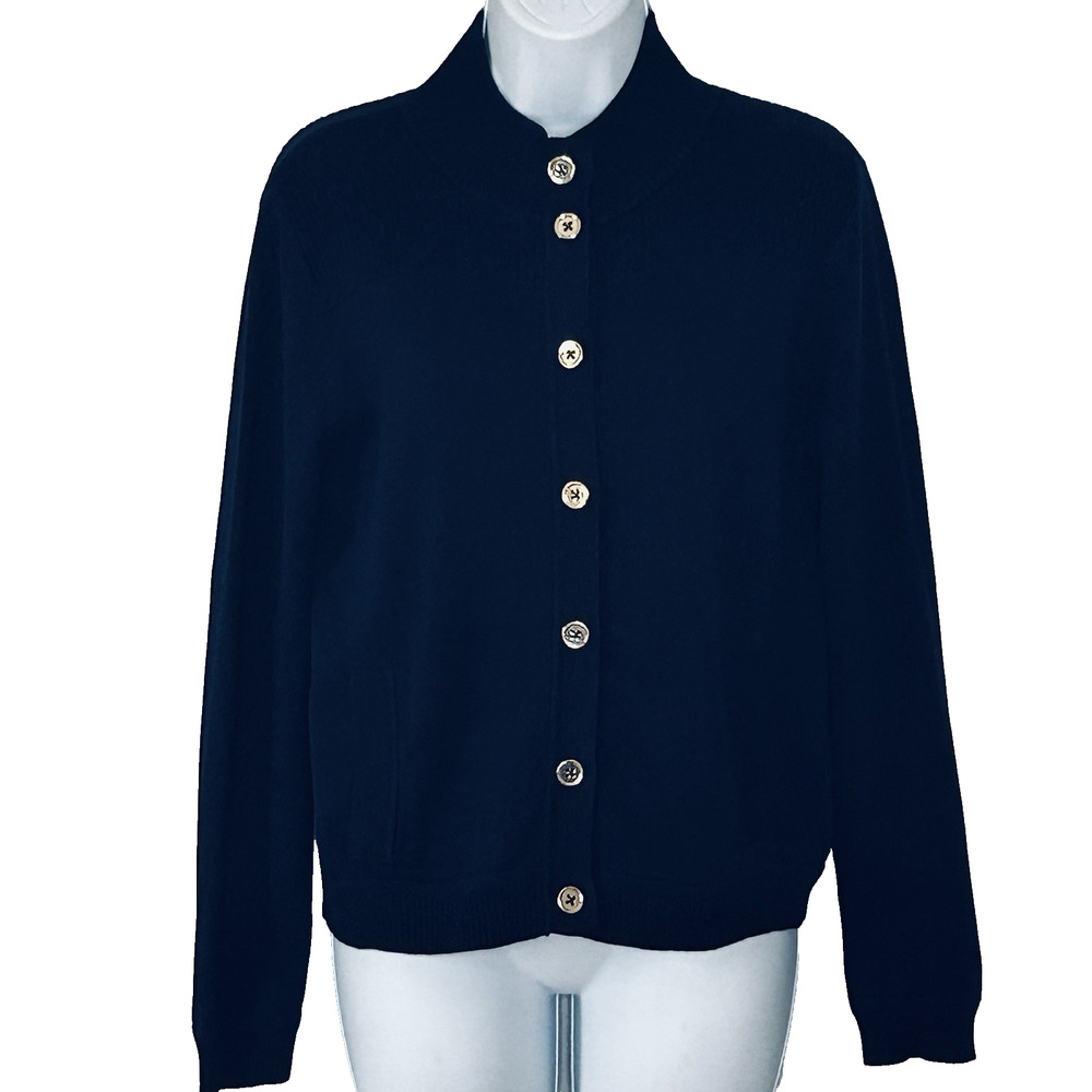 Preppy Nautical Navy Cardigan Sweater Gold Buttons PM Mock Neck Ribbed Jones NY - Picture 1 of 6